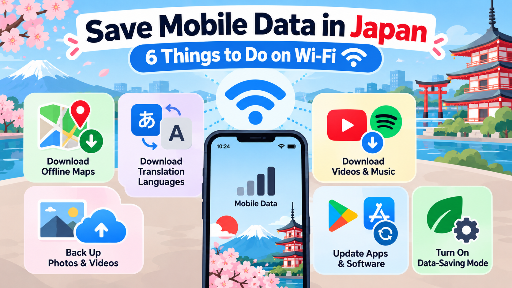 Illustration showing ways to save mobile data in Japan by using Wi-Fi for maps, translation, backups, downloads, and updates