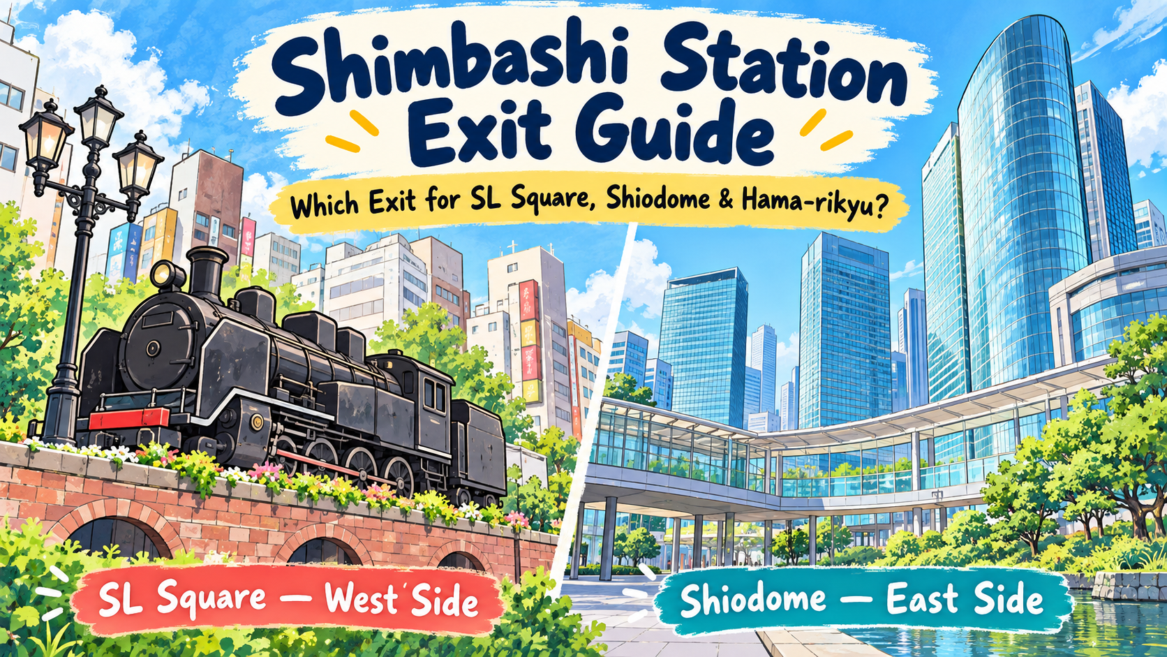 Illustration of the SL Square side and Shiodome side of Shimbashi Station in Tokyo