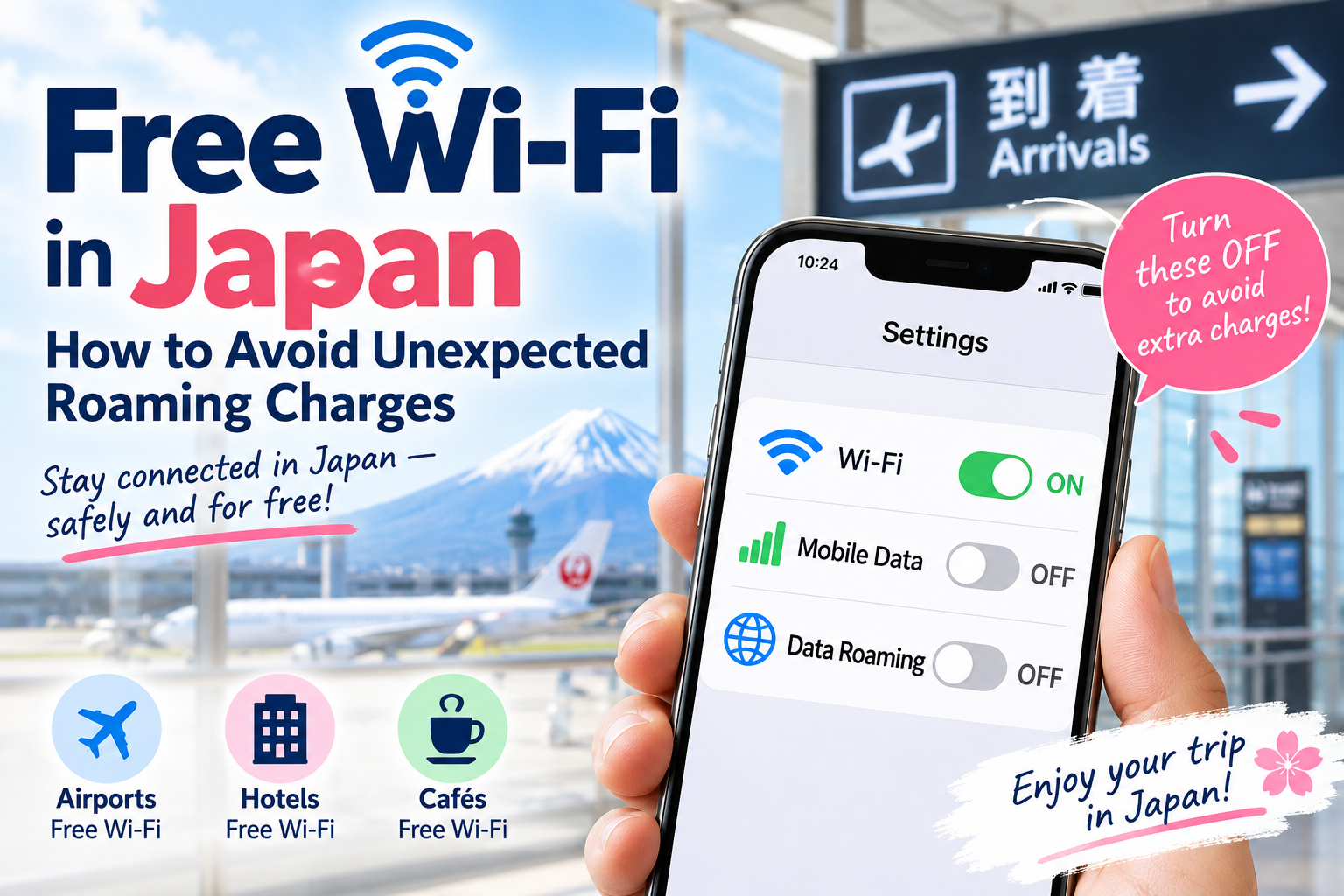 Free Wi-Fi in Japan with Wi-Fi on, mobile data off, and data roaming off