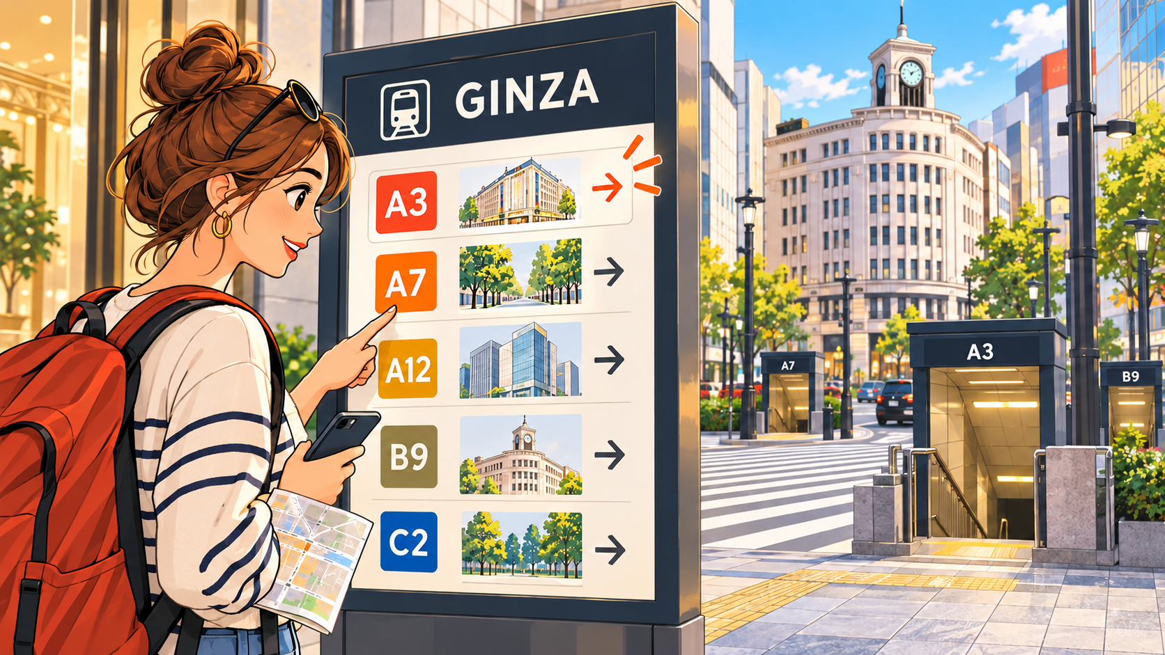 raveler checking exit signs at Ginza Station