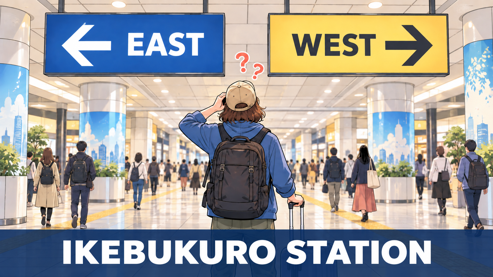Traveler with a suitcase confused between the east and west directions at Ikebukuro Station