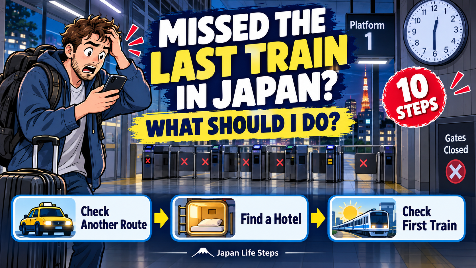 Traveler checking what to do after missing the last train in Japan