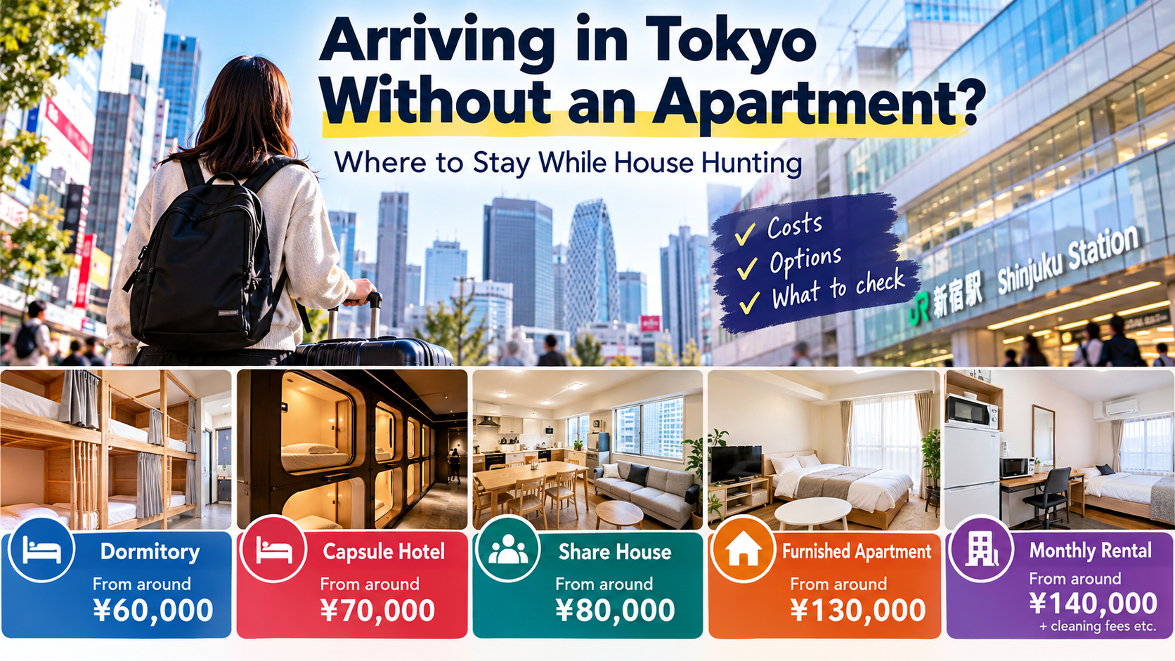 Tokyo temporary housing guide comparing dormitories, capsule hotels, share houses and furnished apartments